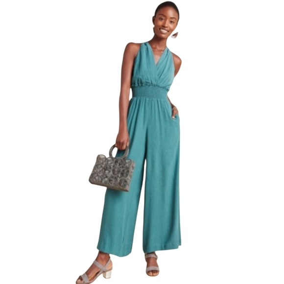 Anthropologie Wide Leg Pants Romper Green Sleeveless VNeck Halter Jumpsuit Large - Picture 2 of 10